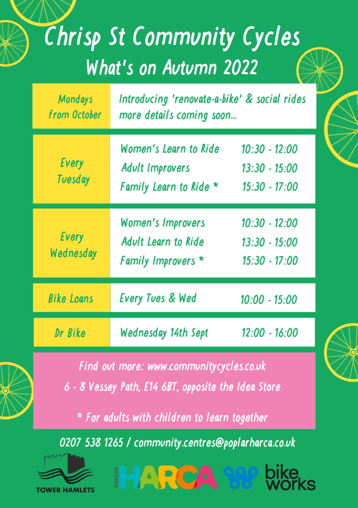 Chrisp Street Community Cycling - August 2022 time table with Bikeworks