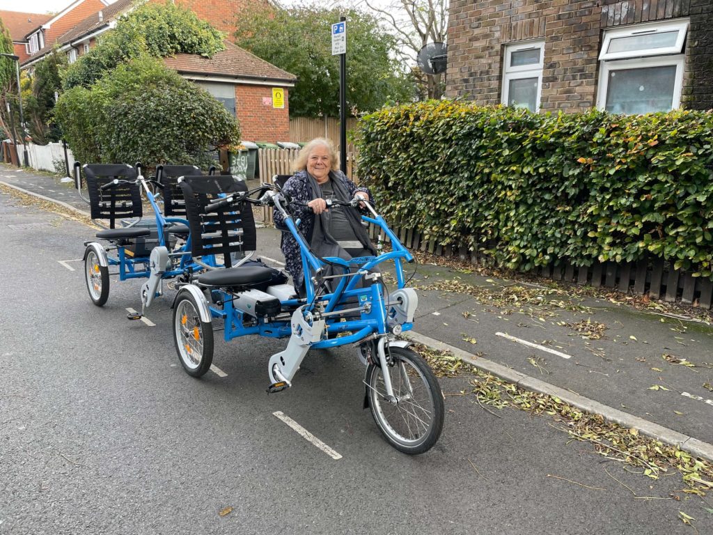 Christine, a local east london resident on the four seater cycle taxi from bikeworks