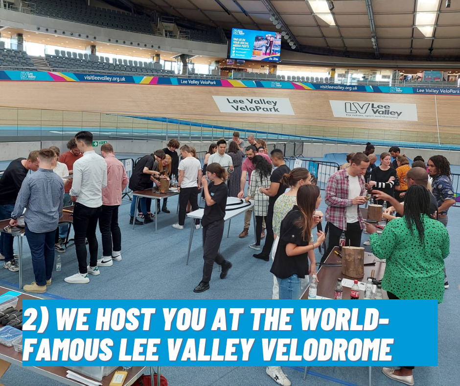 Approx 40 colleagues situated in the middle of the Lee Valley Velodrome, taking part in a team building away-day organised by Bikeworks 