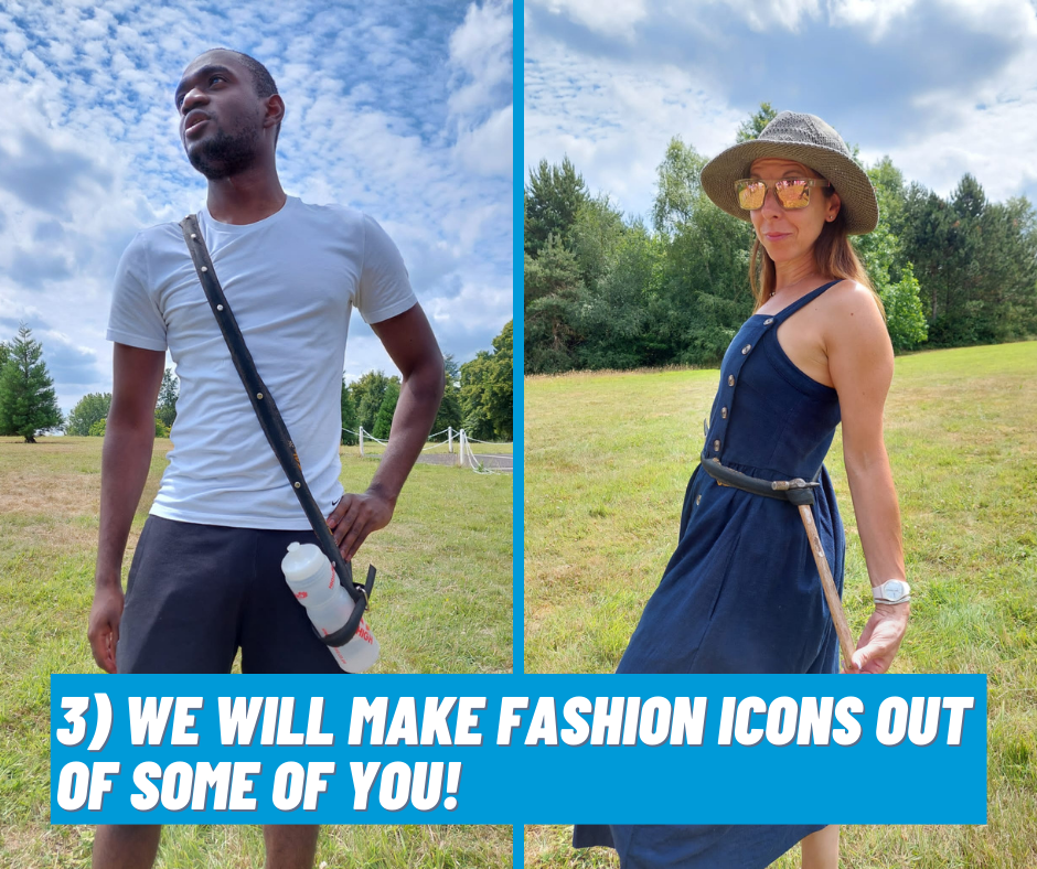 Man and lady posing for the camera wearing fashion accessories made from cycling parts!