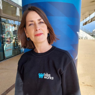 Zoe Portlock, Co-CEO and Co-Founder of Bikeworks outside the velodrome in London