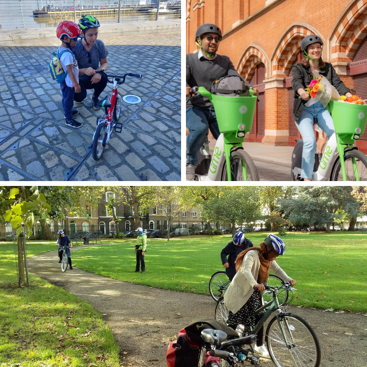 montage of families and people receiving cycle training with Bikeworks in London