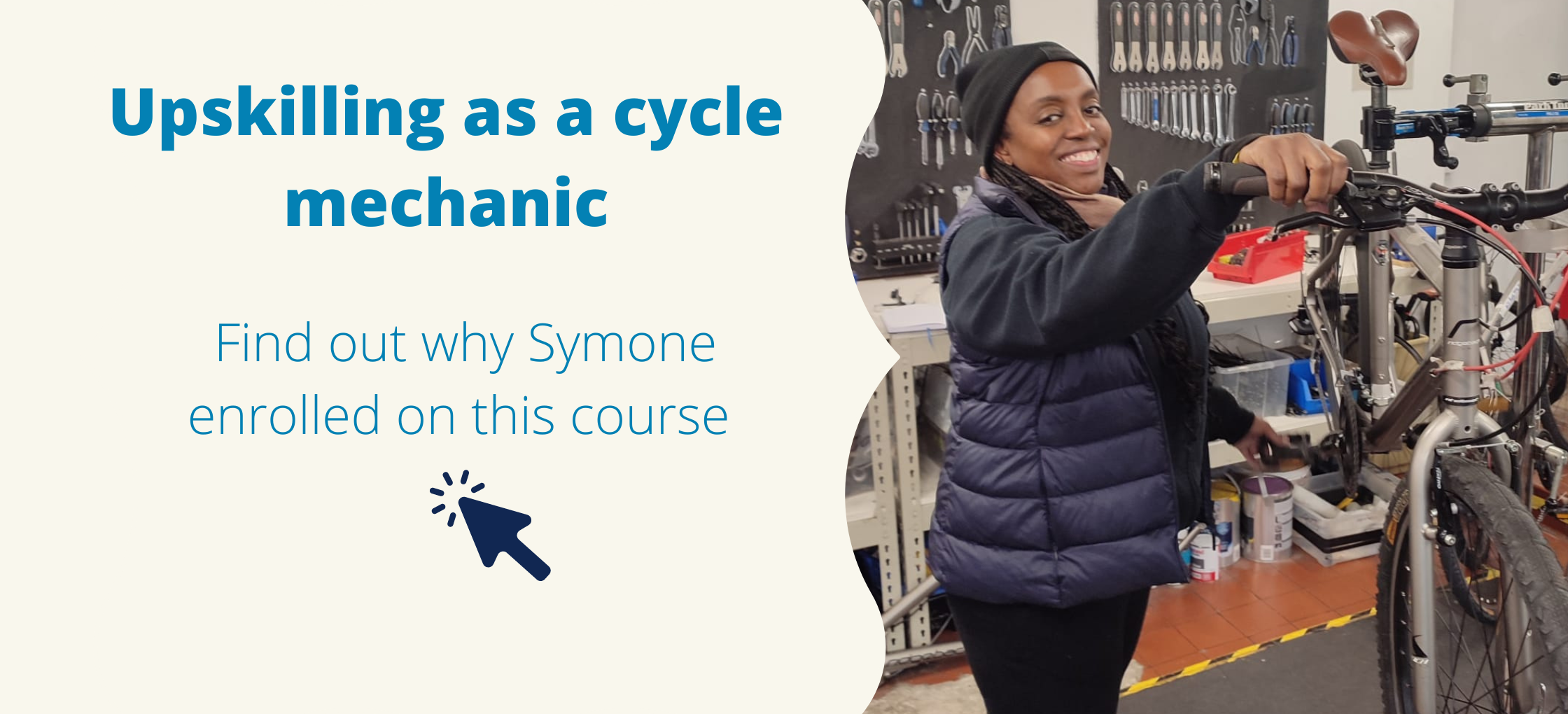 web banner showing young lady with a cycle, during city and guilds level 1 course